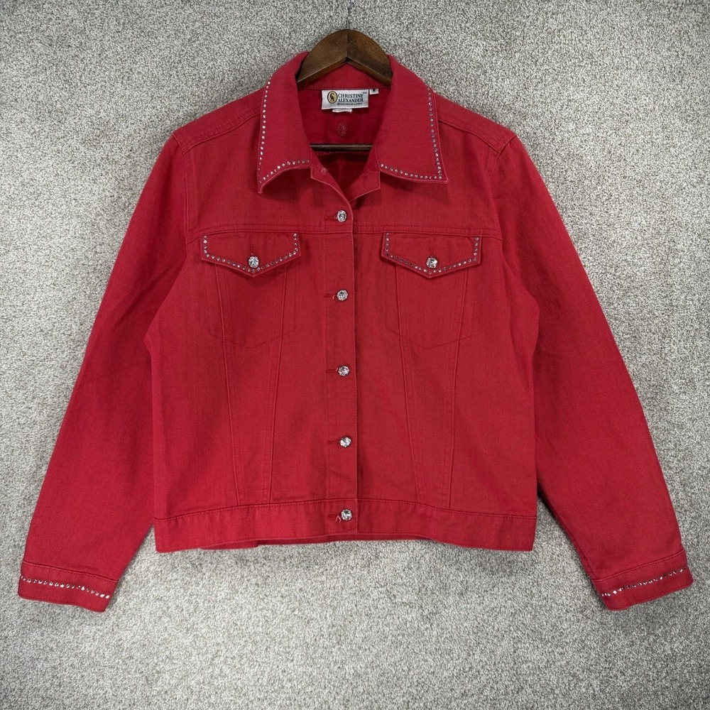 Christine Alexander Red Embellished Rhinestone Denim Jacket M Rodeo Western